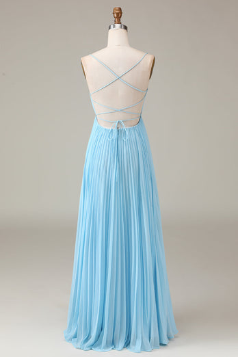Sky Blue Spaghetti stropper Cowl Neck Plissert Åpen Tilbake A-line Chiffon brudepike kjole
