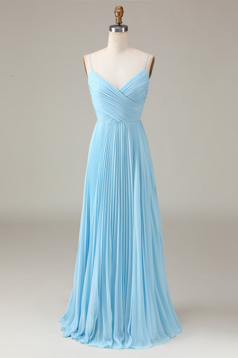 Load image into Gallery viewer, Sky Blue Spaghetti stropper V-hals A-linje plissert Chiffon brudepike kjole