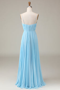 Sky Blue Spaghetti stropper V-hals A-linje plissert Chiffon brudepike kjole