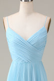 Sky Blue Spaghetti stropper V-hals A-linje plissert Chiffon brudepike kjole