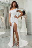 Simple Ivory One Shoulder drapert brudekjole med Slit