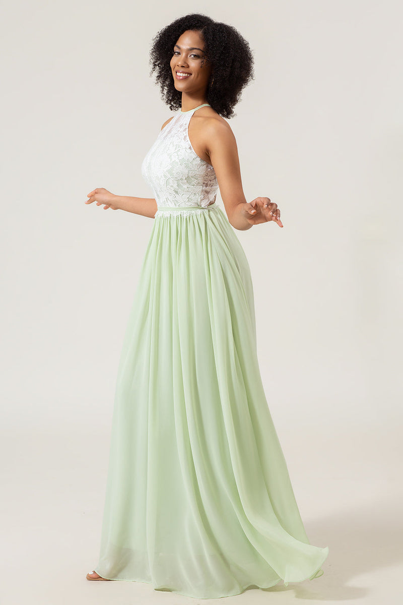 Load image into Gallery viewer, A-Line Halter Neck Dusty Sage Lace og Chiffon Long Bridesmaid Dress
