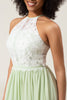 Load image into Gallery viewer, A-Line Halter Neck Dusty Sage Lace og Chiffon Long Bridesmaid Dress