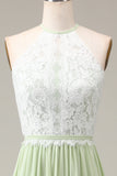 Dusty Sage Halter Neck Lace og Chiffon A-line gulvlengde brudepike kjole