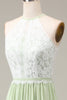 Load image into Gallery viewer, Dusty Sage Halter Neck Lace og Chiffon A-line gulvlengde brudepike kjole