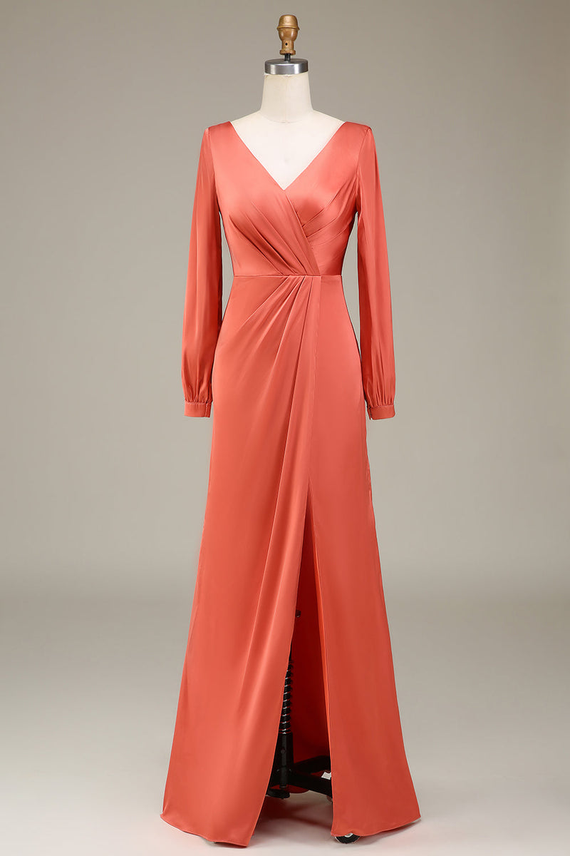 Load image into Gallery viewer, A-Line V-hals terrakotta sateng brudepike kjole med spalt