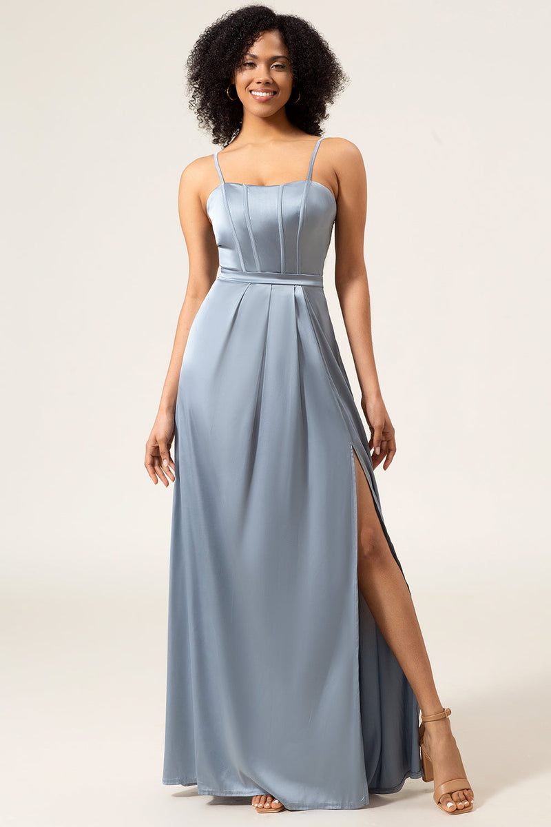 Load image into Gallery viewer, A-Line Spaghetti stropper støvete blå sateng lang brudepike kjole