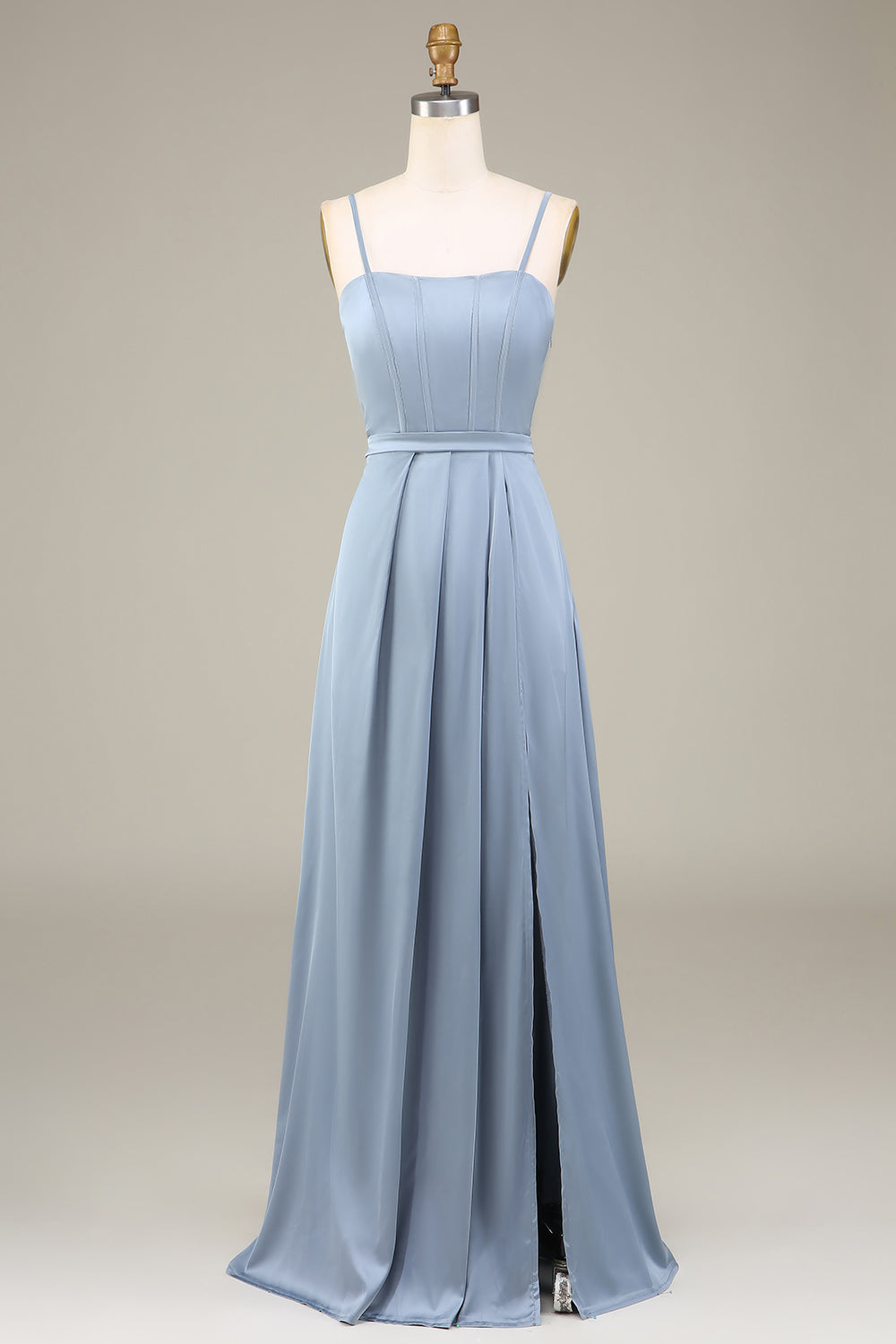 Dusty Blue A-Line Spaghetti stropper Satin Long brudepike kjole