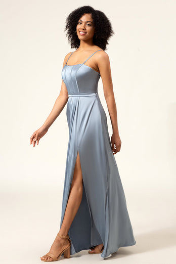 A-Line Spaghetti stropper støvete blå sateng lang brudepike kjole