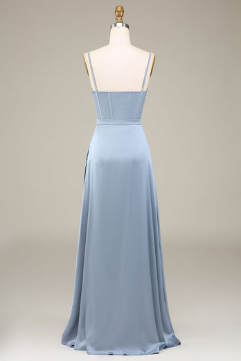 Dusty Blue A-Line Spaghetti stropper Satin Long brudepike kjole