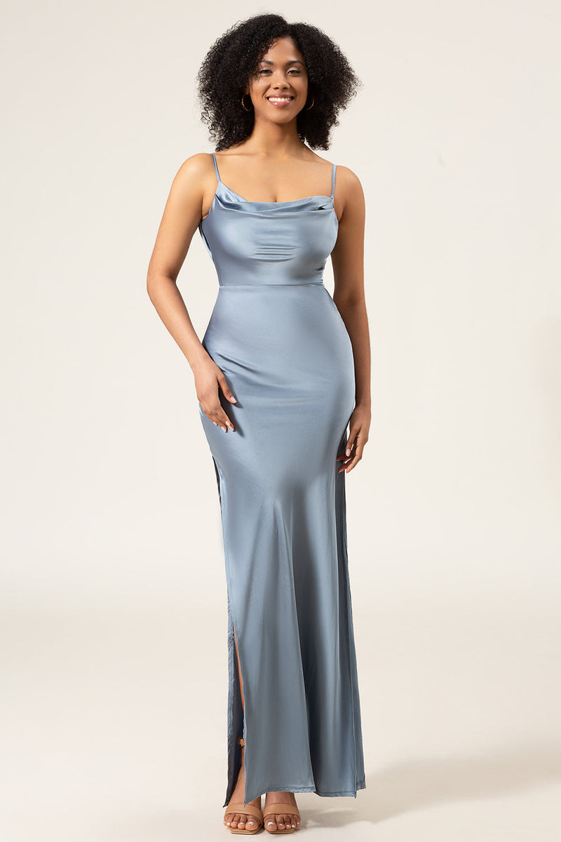 Load image into Gallery viewer, støvete blå spaghetti stropper skjede sateng lang brudepike kjole