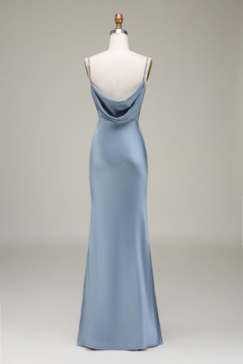 Load image into Gallery viewer, Støvete blå skjede Spaghetti stropper Satin Long brudepike kjole