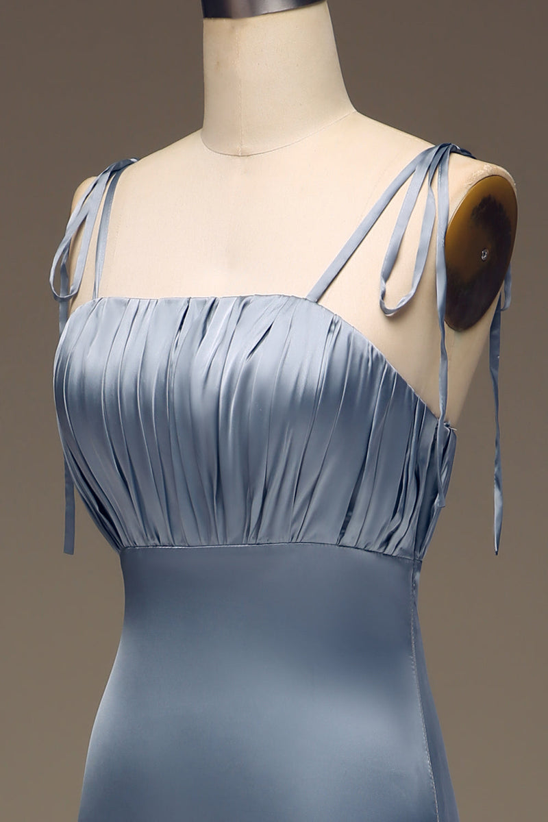 Load image into Gallery viewer, støvete blå spaghetti stropper skjede sateng plissert brudepike kjole