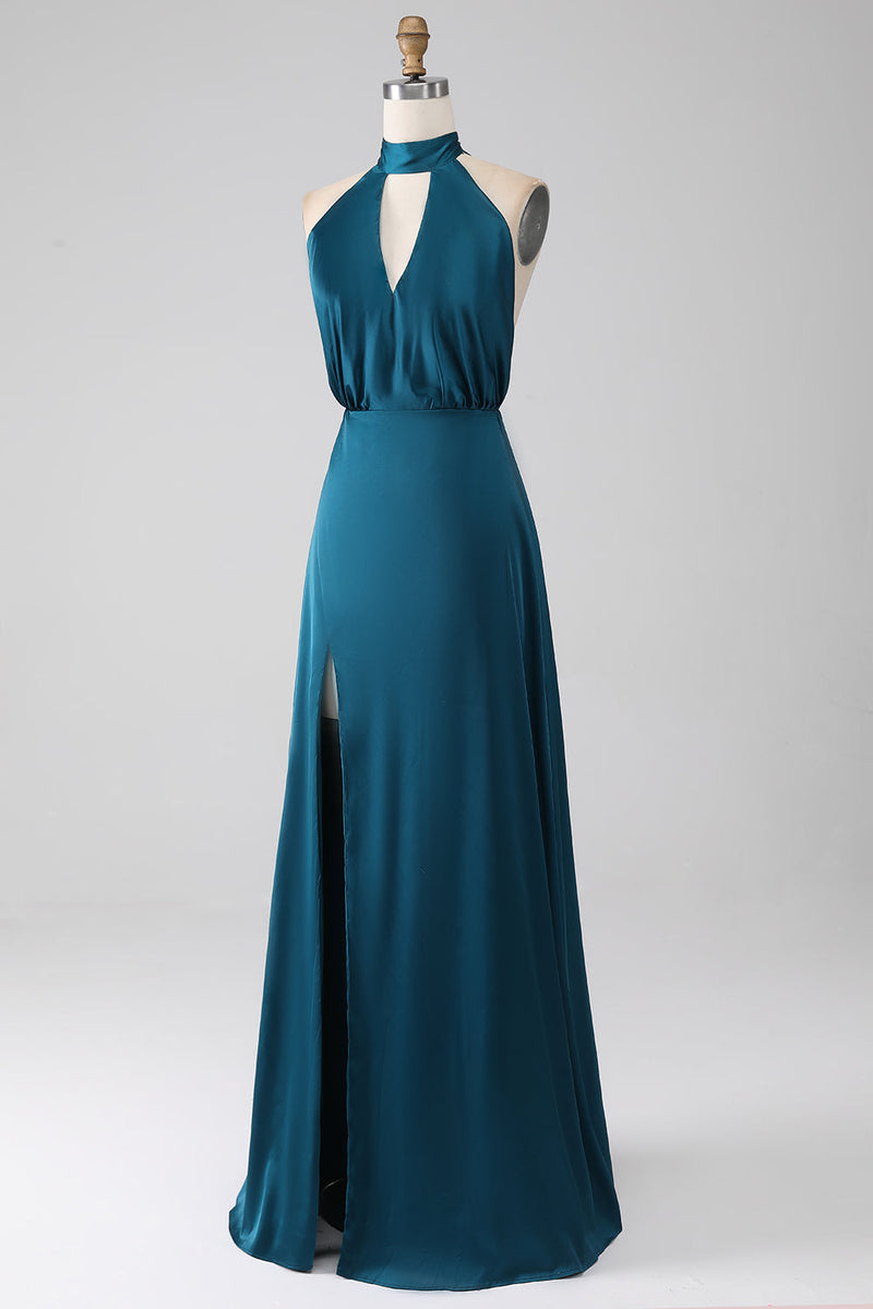Load image into Gallery viewer, Peacock A-Line Halter Neck Long Bridesmaid Dress med Slit