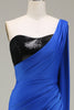Load image into Gallery viewer, Royal Blue One Shoulder Satin og Sequin Mermaid plissert ballkjole med spalt