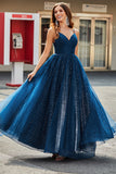 Navy A-Line V-hals Long Beaded Tylle Prom kjoler med plissert