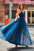 Load image into Gallery viewer, Navy A-Line V-hals Long Beaded Tylle Prom kjoler med plissert