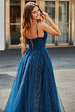 Navy A-Line V-hals Long Beaded Tylle Prom kjoler med plissert