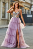 Load image into Gallery viewer, A-line tyll langt korsett lagdelt mauve prom kjole med appliques
