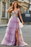 A-line tyll langt korsett lagdelt mauve prom kjole med appliques