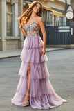 A-line tyll langt korsett lagdelt mauve prom kjole med appliques