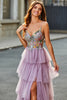 Load image into Gallery viewer, A-line tyll langt korsett lagdelt mauve prom kjole med appliques
