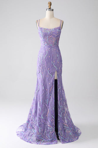 Mermaid Lace-Up Back Lilac Sequins Prom Dress med Slit