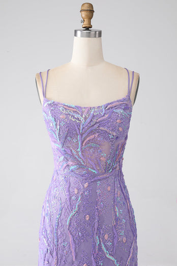 Mermaid Lace-Up Back Lilac Sequins Prom Dress med Slit