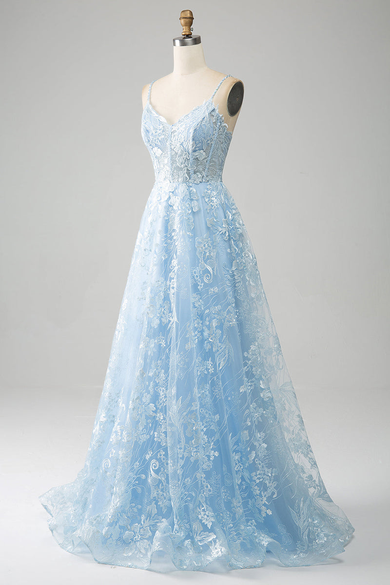 Load image into Gallery viewer, Himmelblå A-linje spaghetti stropper blonder langt korsett prom kjole
