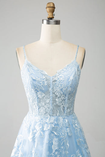 Himmelblå A-linje spaghetti stropper blonder langt korsett prom kjole