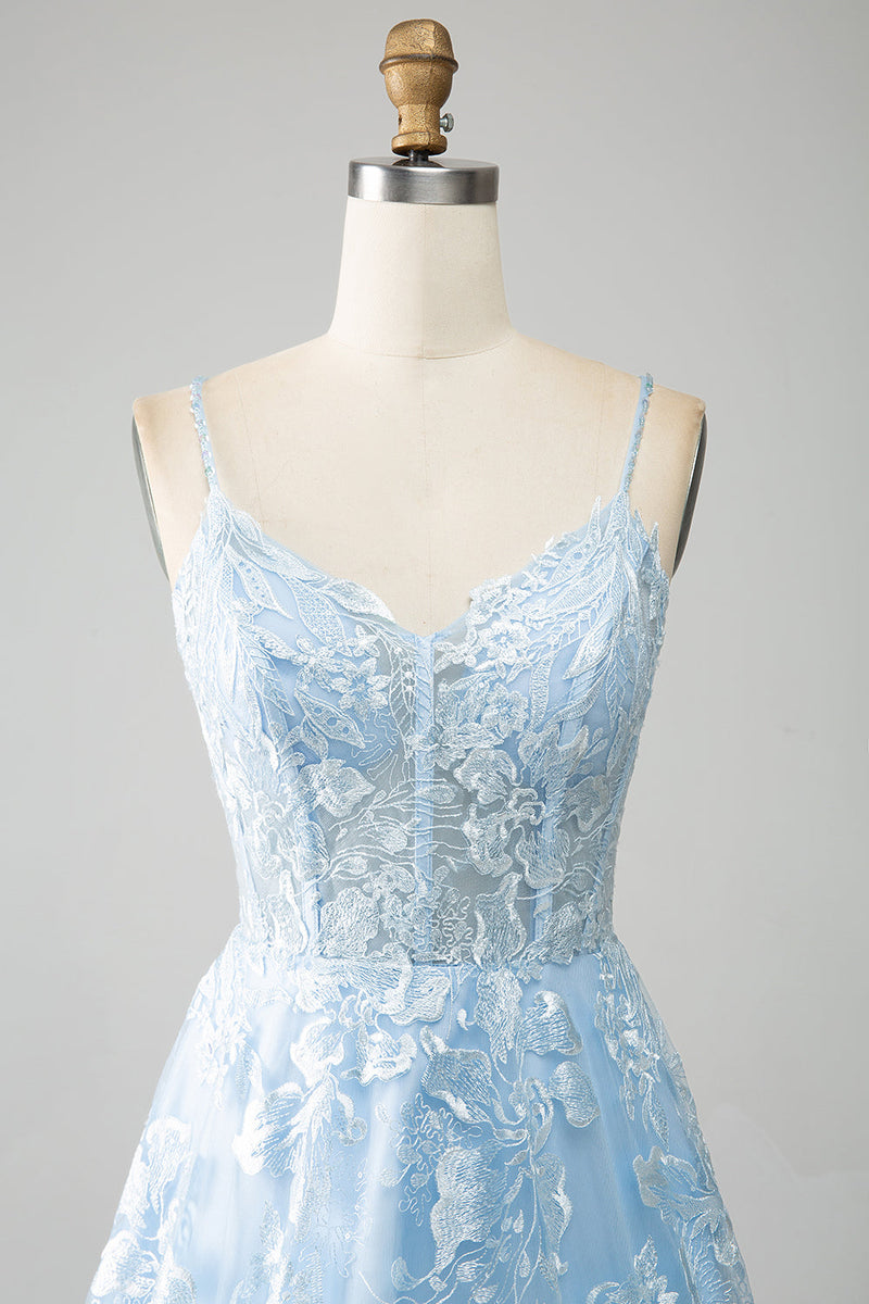 Load image into Gallery viewer, Himmelblå A-linje spaghetti stropper blonder langt korsett prom kjole
