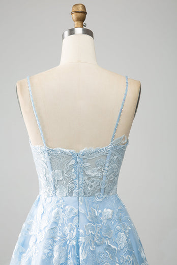 Himmelblå A-linje spaghetti stropper blonder langt korsett prom kjole