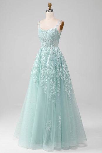 Glitter Mint A-Line Tylle Long Prom kjole med blonder