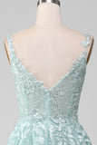 Glitter Mint A-Line Tylle Long Prom kjole med blonder