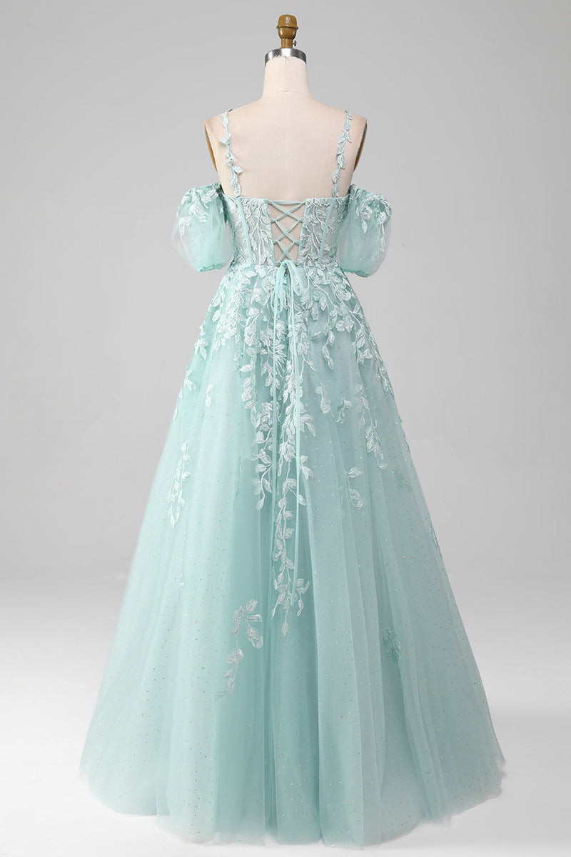 Load image into Gallery viewer, Mint ball-kjole av skulderen Beaded Prom kjoler med applikasjoner