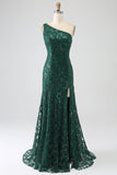 Sparkly Dark Green Beaded Long Mermaid Lace Prom Dress med Slit