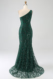 Sparkly Dark Green Beaded Long Mermaid Lace Prom Dress med Slit