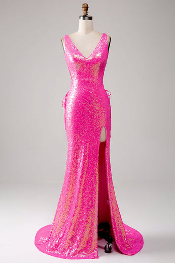 Sparkly Hot Pink Mermaid Prom kjole med Slit