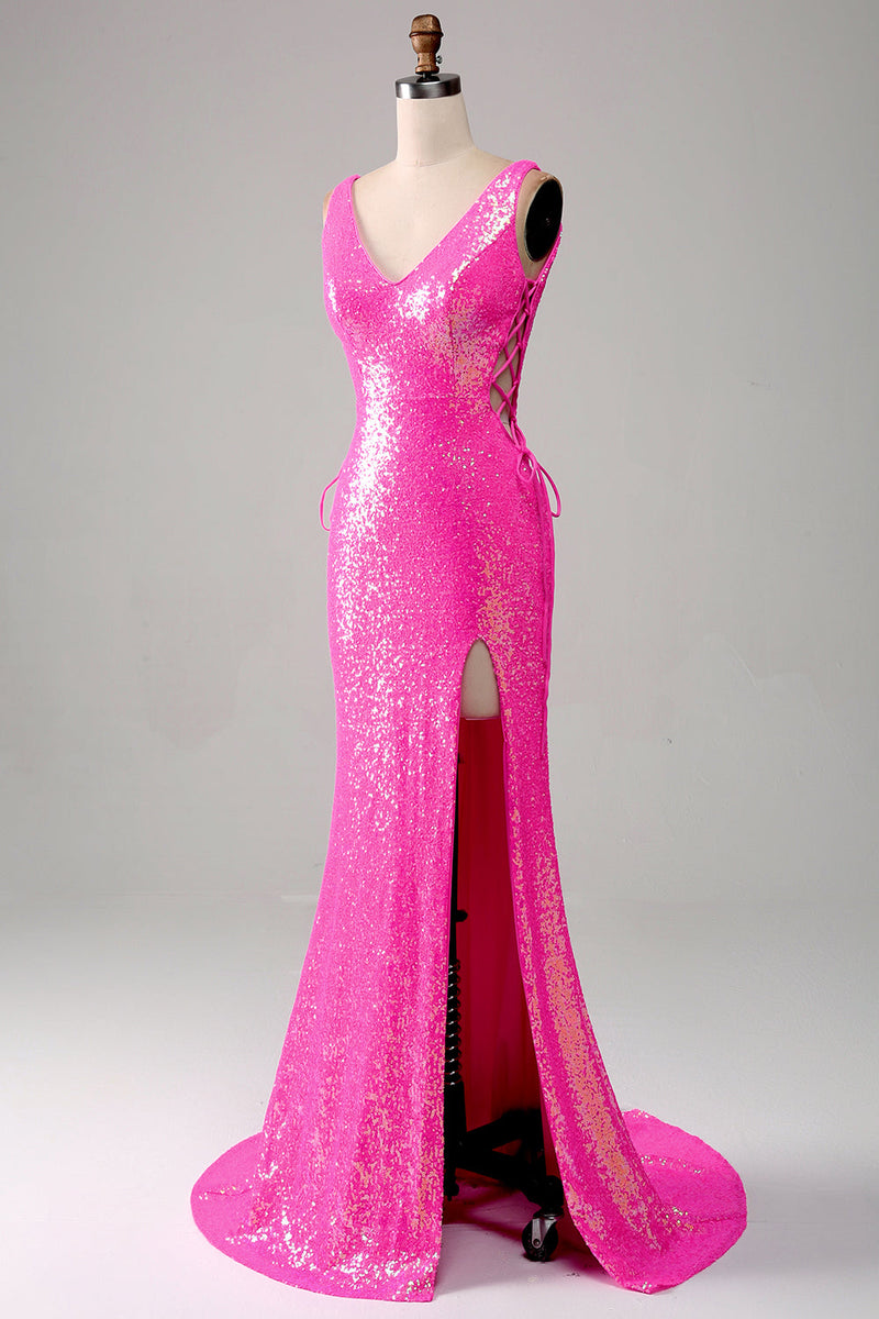 Load image into Gallery viewer, Sparkly Hot Pink Mermaid Prom kjole med Slit
