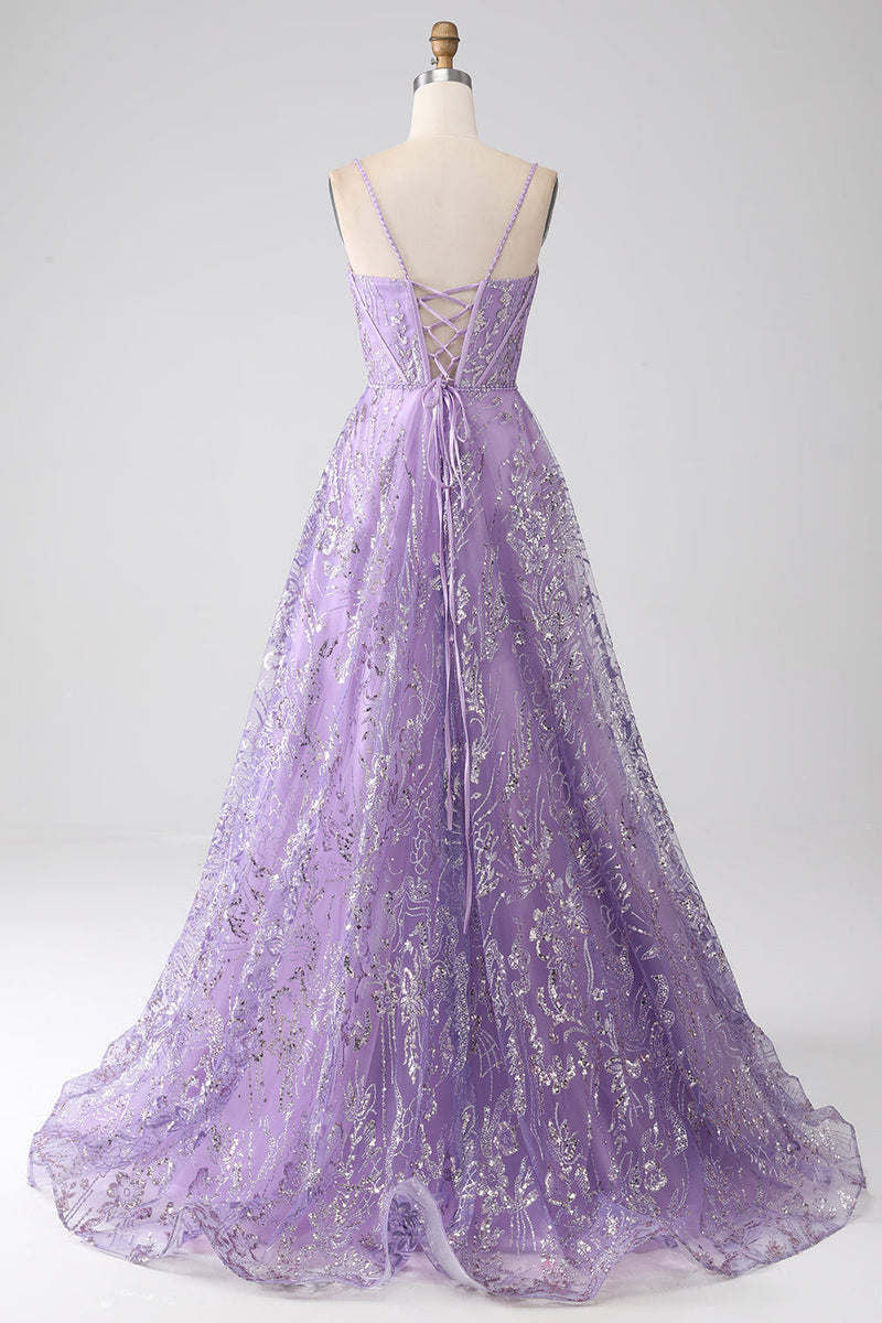Load image into Gallery viewer, A-Line Spaghetti stropper Lilac Corset Prom kjole med paljetter