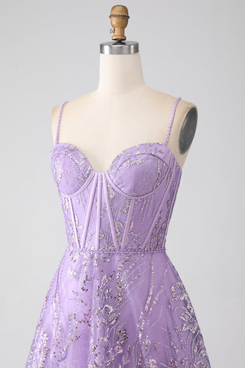 A-Line Spaghetti stropper Lilac Corset Prom kjole med paljetter