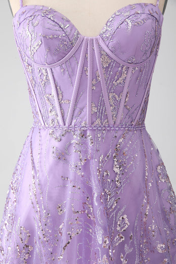 A-Line Spaghetti stropper Lilac Corset Prom kjole med paljetter