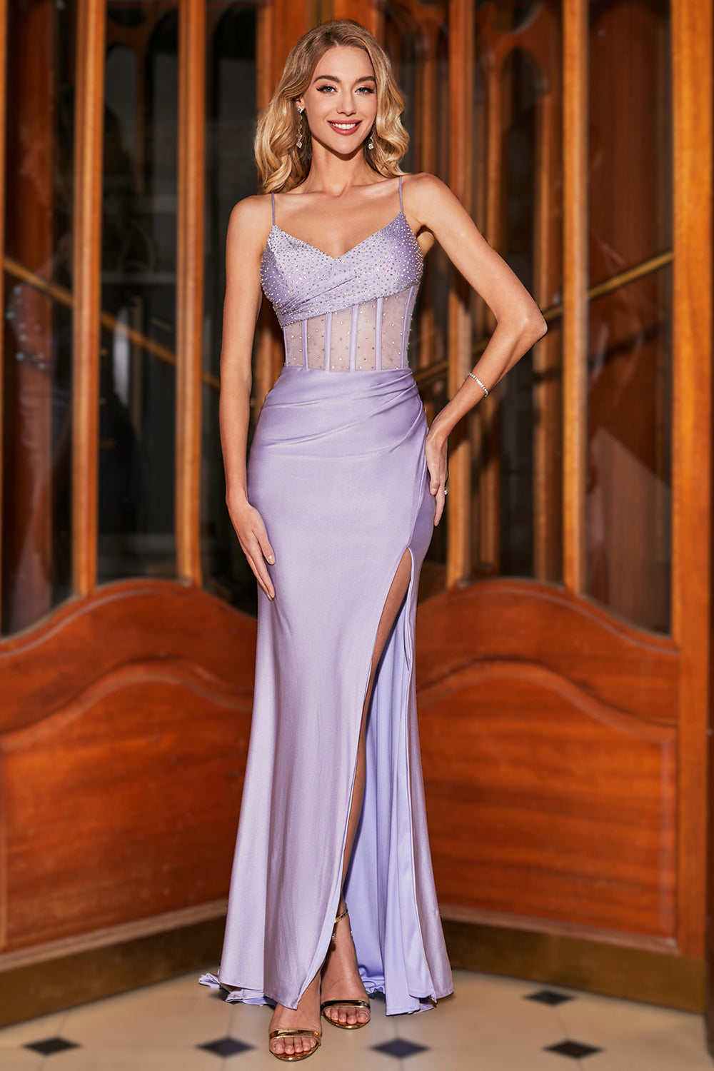 Trendy Mermaid Spaghetti stropper Lilac Corset Prom kjole med delt front