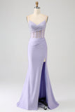 Glitter Lilac Korsett Havfrue Long Prom Kjole med Slit