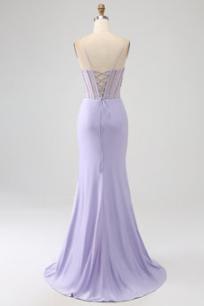 Glitter Lilac Korsett Havfrue Long Prom Kjole med Slit