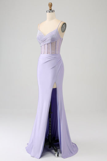Glitter Lilac Korsett Havfrue Long Prom Kjole med Slit
