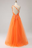 Oransje One Shoulder A-Line Tylle Long Prom Kjole med Appliques