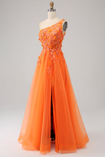 Oransje One Shoulder A-Line Tylle Long Prom Kjole med Appliques