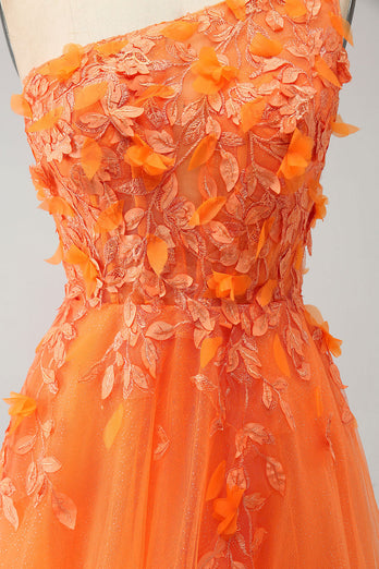 Oransje One Shoulder A-Line Tylle Long Prom Kjole med Appliques