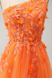 Oransje One Shoulder A-Line Tylle Long Prom Kjole med Appliques